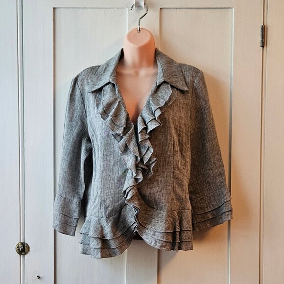 Melanie Lyne Ruffle Trimmed Linen Jacket in Grey | Women's 12 | EUC - Picture 1 of 11